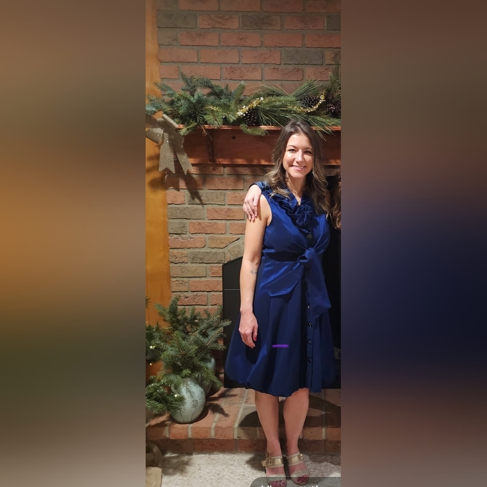 Samuel Dong Sz. M Blue Taffeta Dress Knee Length Formal Classic High Ruffle Neck